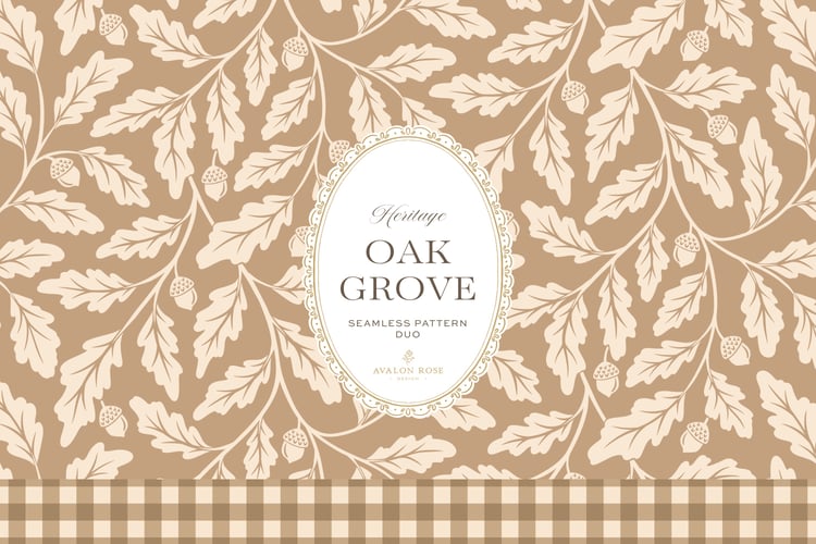 Oak Grove seamless surface pattern duo features hand drawn oak leaves and acorns in a flowing tonal design, paired with a coordinating gingham check in tan