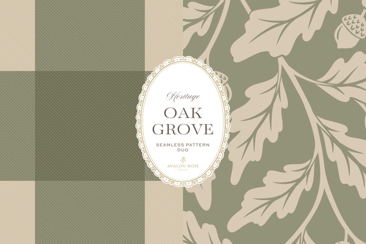 Oak Grove seamless surface pattern duo features hand drawn oak leaves and acorns in a flowing tonal design, paired with a coordinating gingham check in sage green