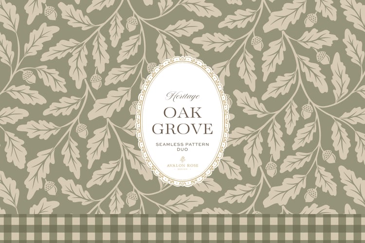 Oak Grove seamless surface pattern duo features hand drawn oak leaves and acorns in a flowing tonal design, paired with a coordinating gingham check in sage green