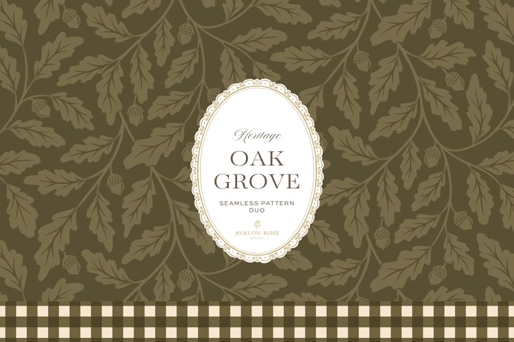 Oak Grove seamless surface pattern duo features hand drawn oak leaves and acorns in a flowing tonal design, paired with a coordinating gingham check in olive green