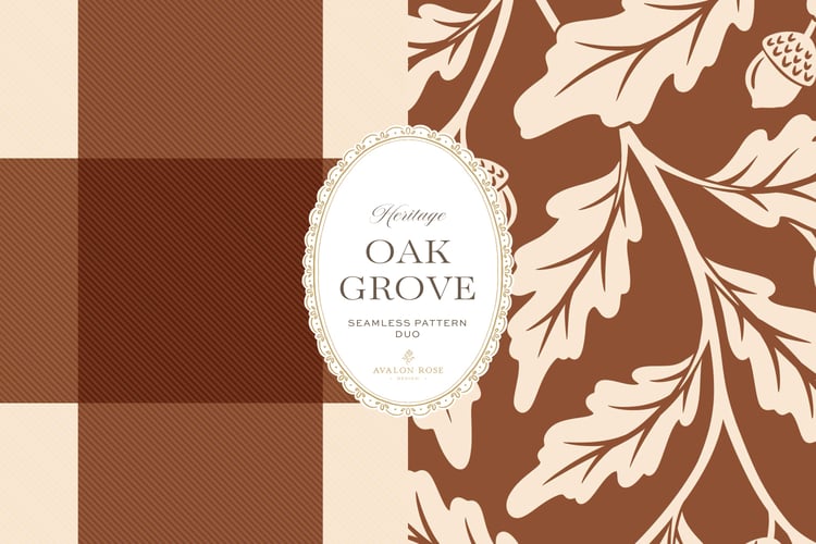 Oak Grove seamless surface pattern duo features hand drawn oak leaves and acorns in a flowing tonal design, paired with a coordinating gingham check in rust