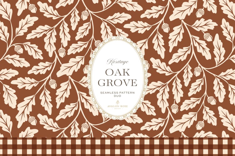Oak Grove seamless surface pattern duo features hand drawn oak leaves and acorns in a flowing tonal design, paired with a coordinating gingham check in rust