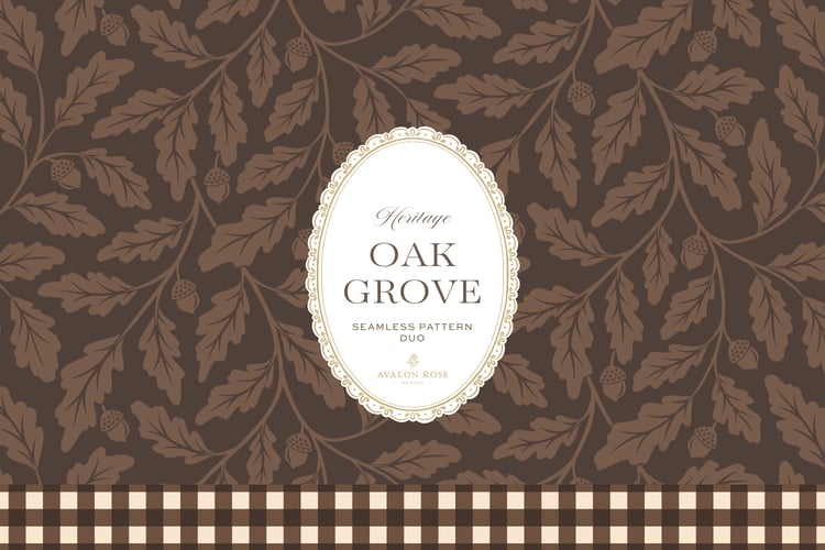 Oak Grove seamless surface pattern duo features hand drawn oak leaves and acorns in a flowing tonal design, paired with a coordinating gingham check in dark brown