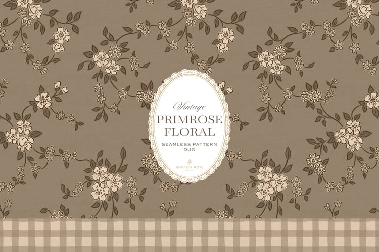 Primrose Floral seamless surface pattern duo features a hand-drawn ditsy floral with delicate blossoms and trailing vines, paired with a coordinating gingham check in beige