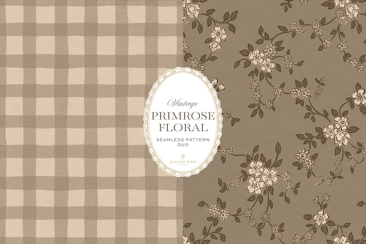 Primrose Floral seamless surface pattern duo features a hand-drawn ditsy floral with delicate blossoms and trailing vines, paired with a coordinating gingham check in beige