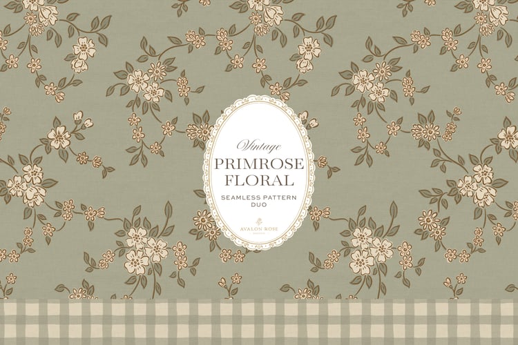 Primrose Floral seamless surface pattern duo features a hand-drawn ditsy floral with delicate blossoms and trailing vines, paired with a coordinating gingham check in sage green