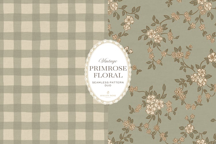 Primrose Floral seamless surface pattern duo features a hand-drawn ditsy floral with delicate blossoms and trailing vines, paired with a coordinating gingham check in sage green
