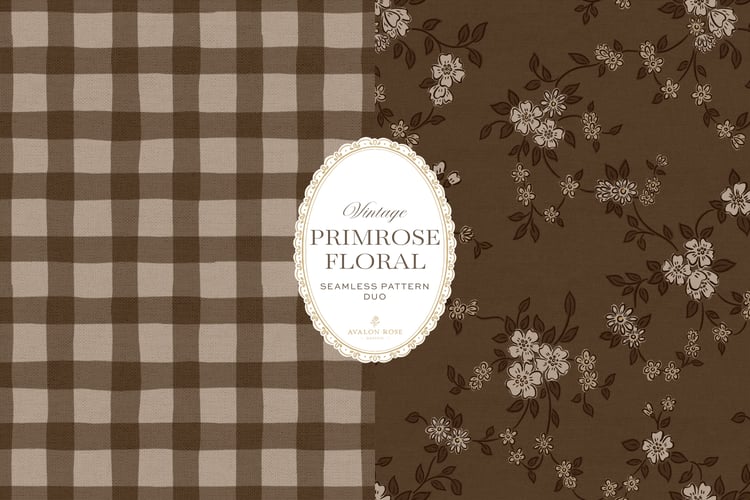 Primrose Floral seamless surface pattern duo features a hand-drawn ditsy floral with delicate blossoms and trailing vines, paired with a coordinating gingham check in dark brown