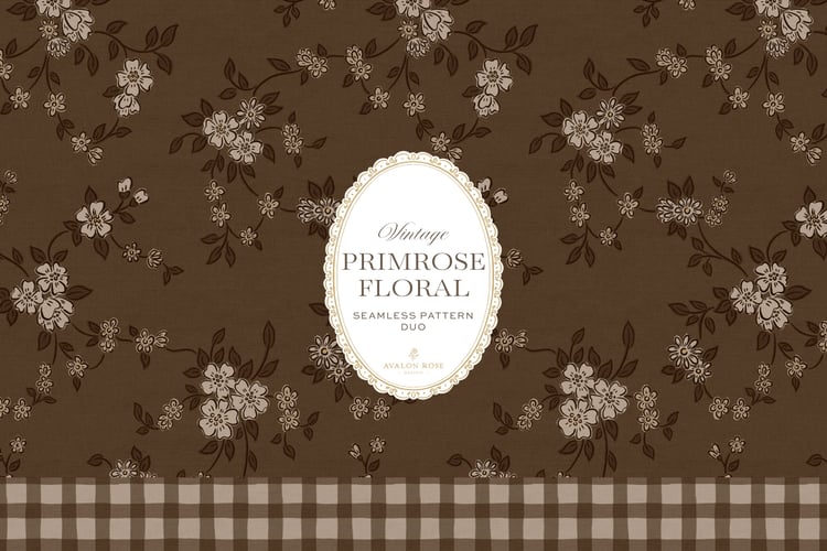 Primrose Floral seamless surface pattern duo features a hand-drawn ditsy floral with delicate blossoms and trailing vines, paired with a coordinating gingham check in dark brown