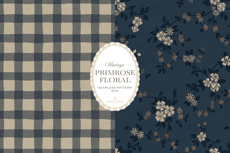 Primrose Floral seamless surface pattern duo features a hand-drawn ditsy floral with delicate blossoms and trailing vines, paired with a coordinating gingham check in navy blue