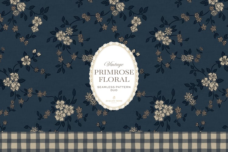 Primrose Floral seamless surface pattern duo features a hand-drawn ditsy floral with delicate blossoms and trailing vines, paired with a coordinating gingham check in navy blue