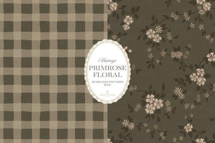 Primrose Floral seamless surface pattern duo features a hand-drawn ditsy floral with delicate blossoms and trailing vines, paired with a coordinating gingham check in olive green