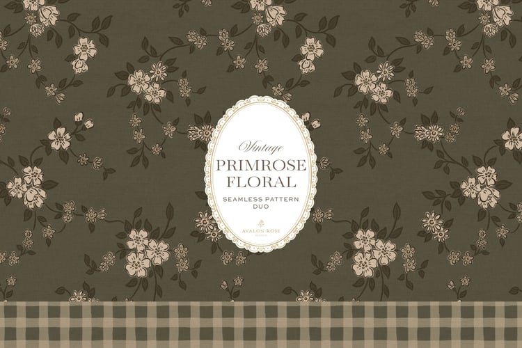 Primrose Floral seamless surface pattern duo features a hand-drawn ditsy floral with delicate blossoms and trailing vines, paired with a coordinating gingham check in olive green