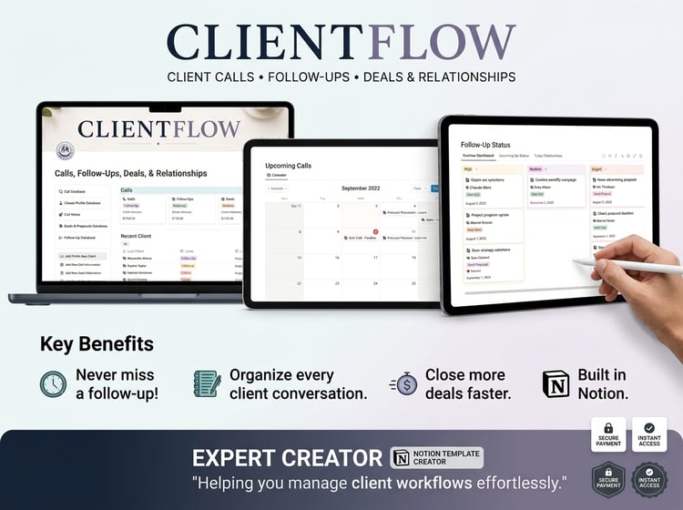 ClientFlow Notion CRM template displayed on laptop, tablet, and smartphone screens showing call notes, sales pipeline, and follow-up database.