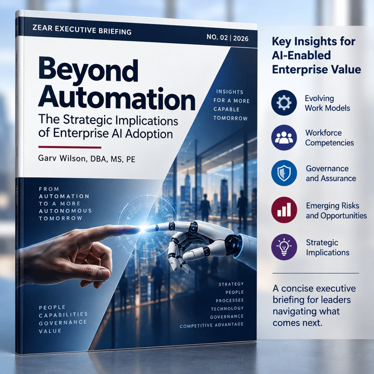 ZEAR Executive Briefing No. 02, “Beyond Automation,” examining AI adoption shifts and their strategic implications for enterprise transformation, governance, workforce competencies, and competitive advantage.