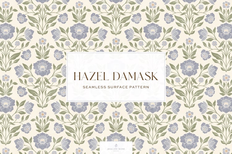 Vintage retro floral damask seamless surface pattern in periwinkle blue and green