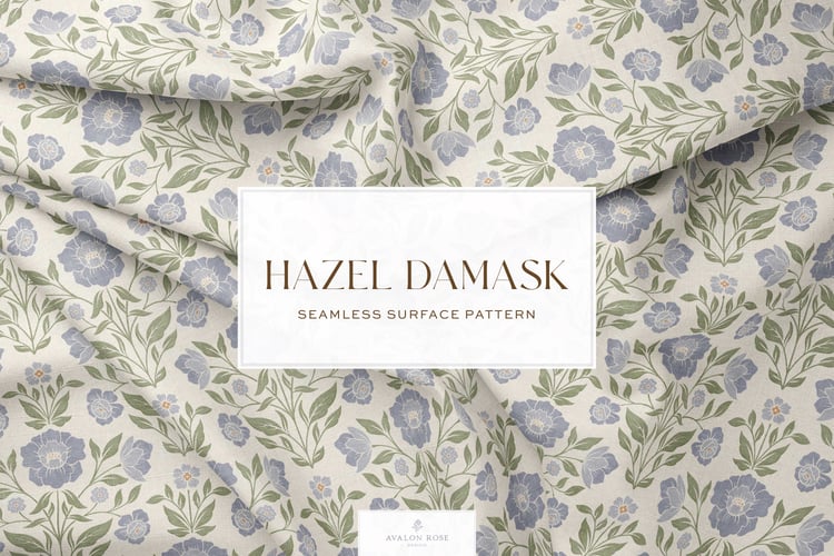 Vintage retro floral damask seamless surface pattern in periwinkle blue and green on fabric