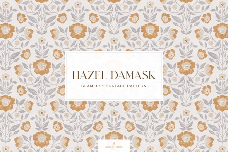 Vintage retro floral damask seamless surface pattern in a gray and faded orange