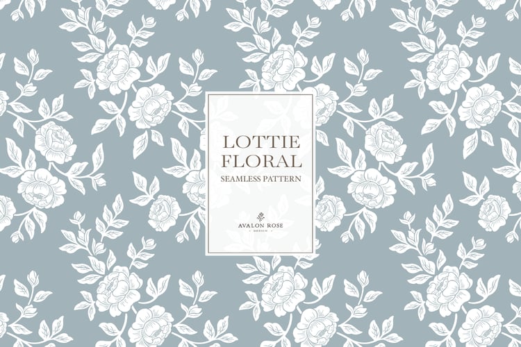 Vintage-inspired farmhouse style seamless surface pattern featuring hand-drawn rose climbing florals and leaves in pale blue and white