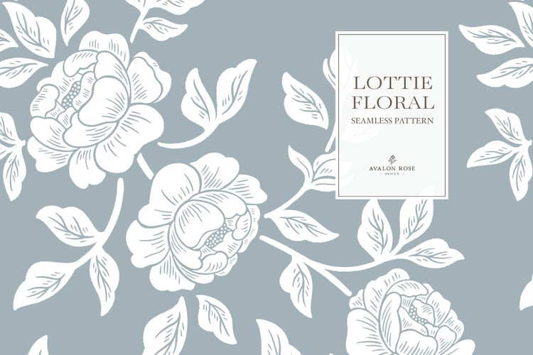 Vintage-inspired farmhouse style seamless surface pattern featuring hand-drawn rose climbing florals and leaves in pale blue and white
