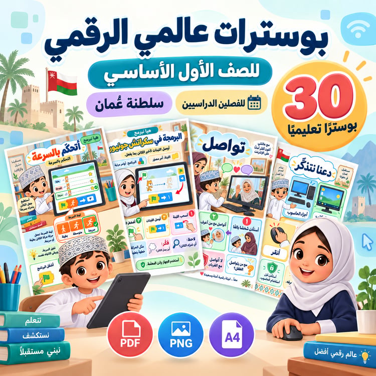 بوسترات عالمي الرقمي للصف الأول | 30 بوسترًا تعليميًا جاهزًا للطباعة