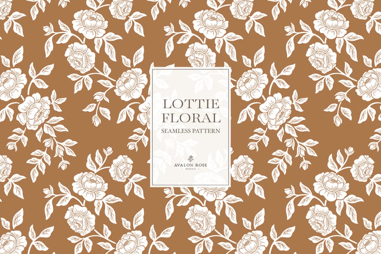 Vintage-inspired farmhouse style seamless surface pattern featuring hand-drawn rose climbing florals and leaves in orange and white
