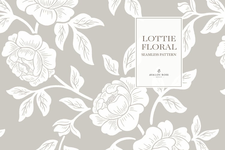 Vintage-inspired farmhouse style seamless surface pattern featuring hand-drawn rose climbing florals and leaves in gray and white
