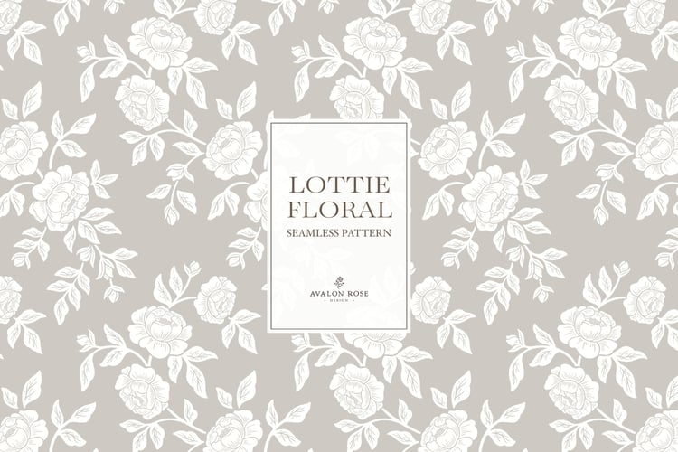 Vintage-inspired farmhouse style seamless surface pattern featuring hand-drawn rose climbing florals and leaves in gray and white