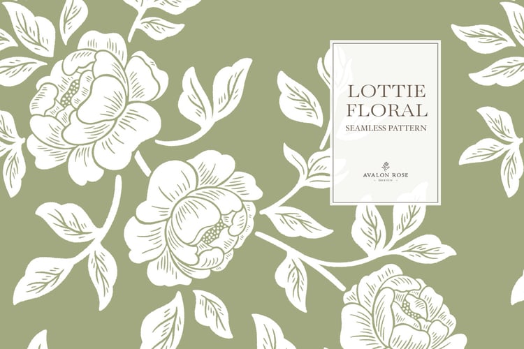 Vintage-inspired farmhouse style seamless surface pattern featuring hand-drawn rose climbing florals and leaves in fern green and white