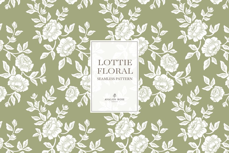 Vintage-inspired farmhouse style seamless surface pattern featuring hand-drawn rose climbing florals and leaves in fern green and white