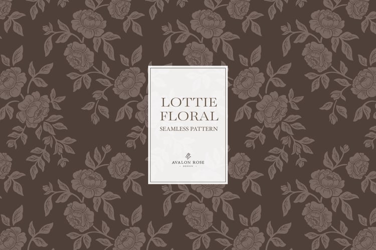 Vintage-inspired farmhouse style seamless surface pattern featuring hand-drawn rose climbing florals and leaves in dark brown