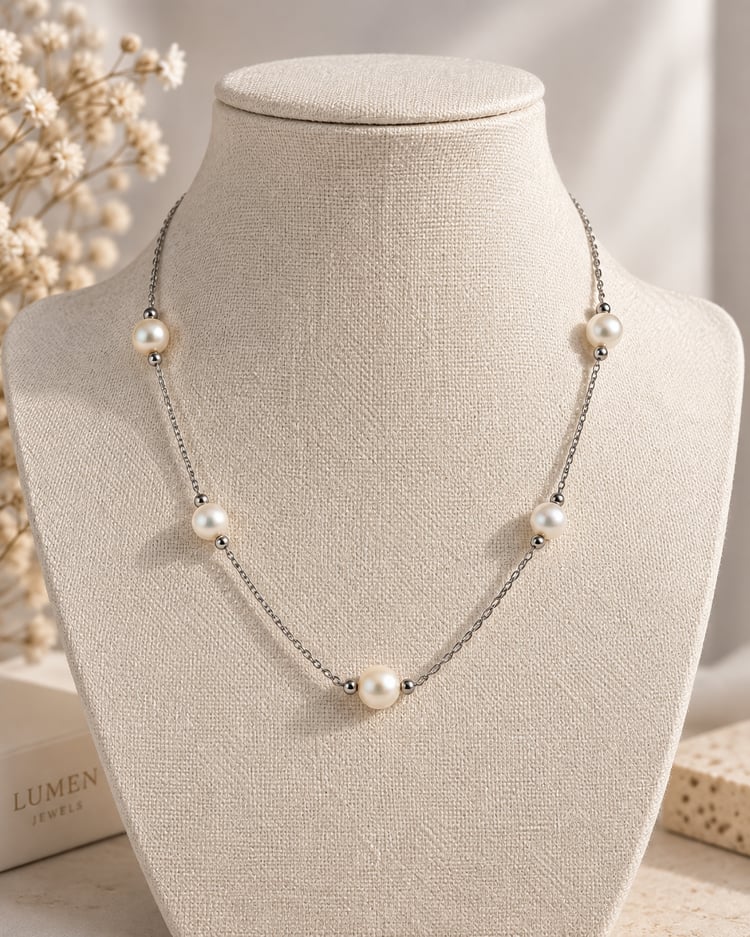 Collana minimal con perle di fiume su manichino