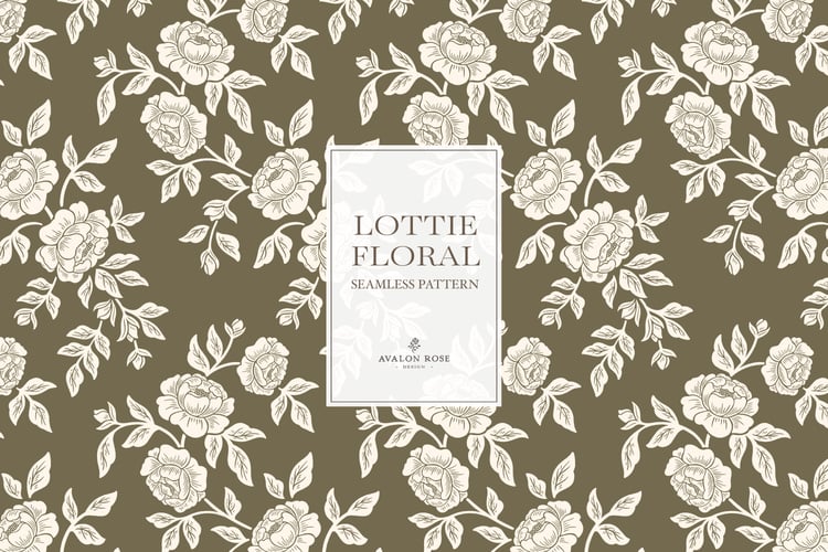 Vintage-inspired farmhouse style seamless surface pattern featuring hand-drawn rose climbing florals and leaves in olive green and cream