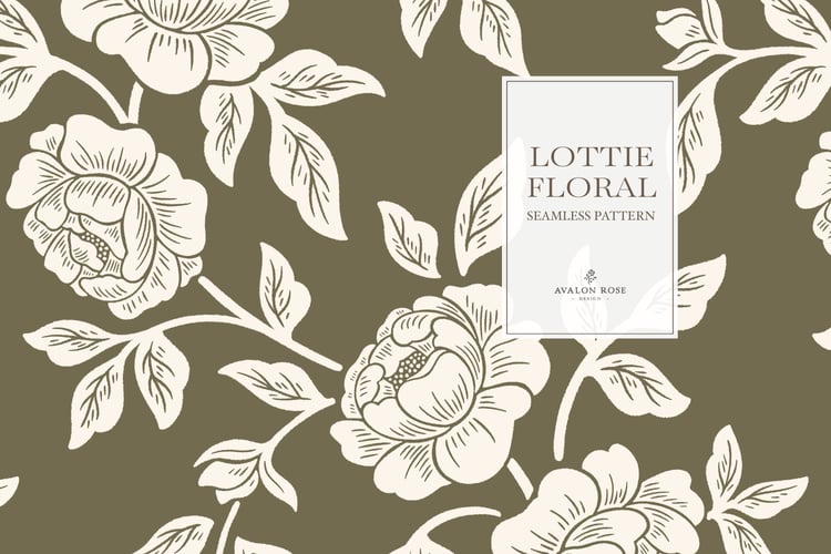 Vintage-inspired farmhouse style seamless surface pattern featuring hand-drawn rose climbing florals and leaves in olive green and cream