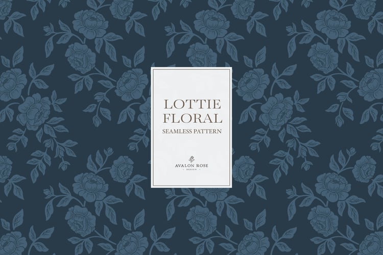 Vintage-inspired farmhouse style seamless surface pattern featuring hand-drawn rose climbing florals and leaves in navy blue