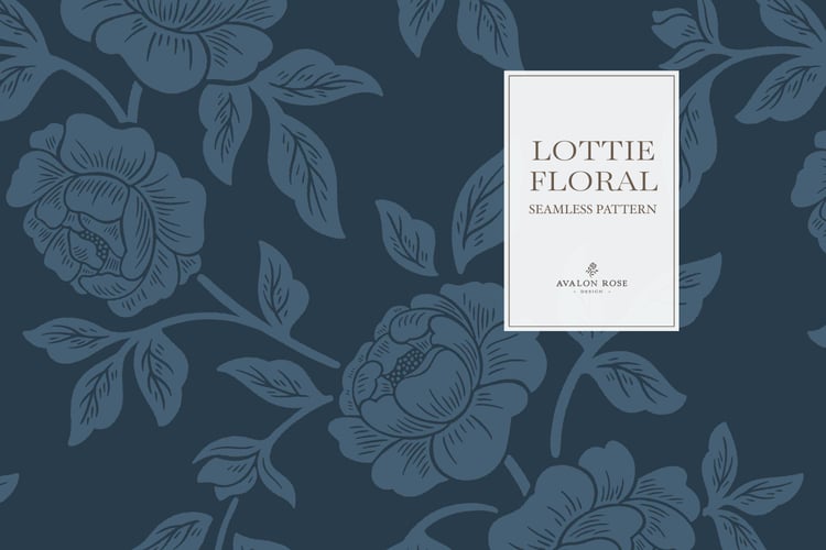 Vintage-inspired farmhouse style seamless surface pattern featuring hand-drawn rose climbing florals and leaves in navy blue