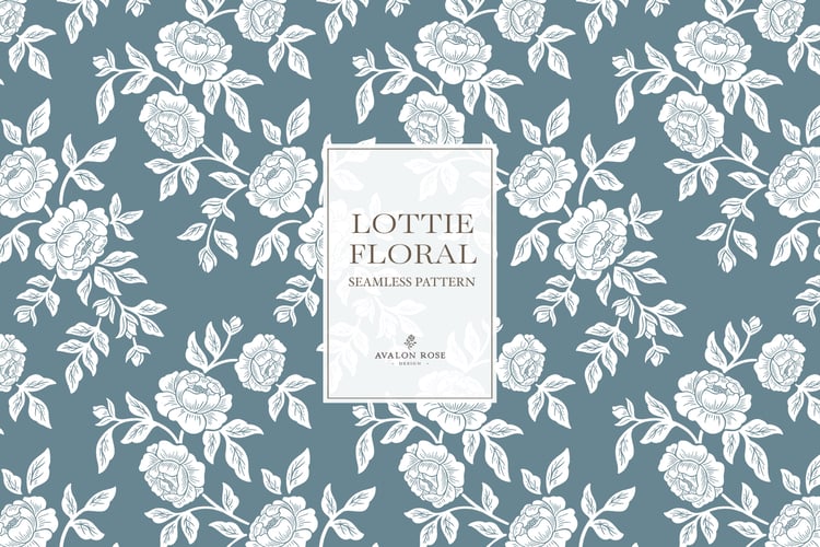 Vintage-inspired farmhouse style seamless surface pattern featuring hand-drawn rose climbing florals and leaves in medium blue and white