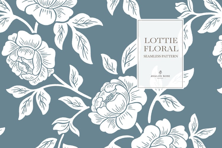 Vintage-inspired farmhouse style seamless surface pattern featuring hand-drawn rose climbing florals and leaves in medium blue and white