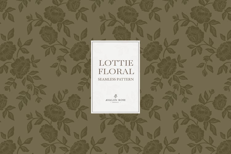 Vintage-inspired farmhouse style seamless surface pattern featuring hand-drawn rose climbing florals and leaves in tonal olive green