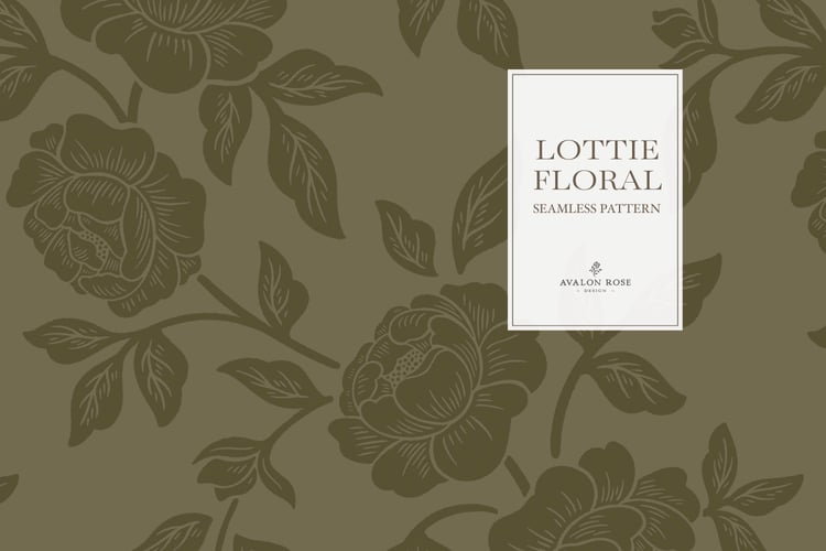 Vintage-inspired farmhouse style seamless surface pattern featuring hand-drawn rose climbing florals and leaves in tonal olive green