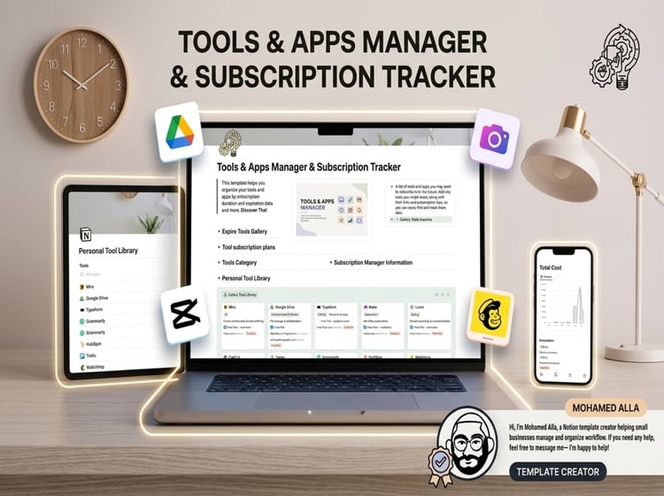 Workspace mockup displaying the Notion Subscription Tracker template on a laptop screen, highlighting cost analytics, expiration alerts, and app management features.