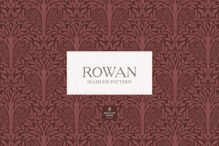 Hand drawn seamless pattern featuring woodland trees and leaves in red burgundy