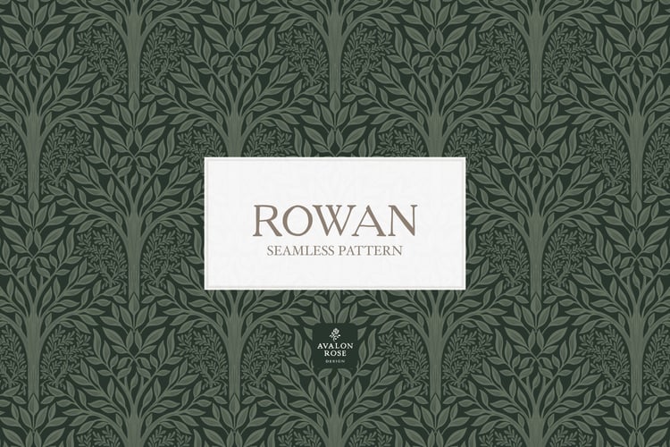 Hand drawn seamless pattern featuring woodland trees and leaves in hunter green