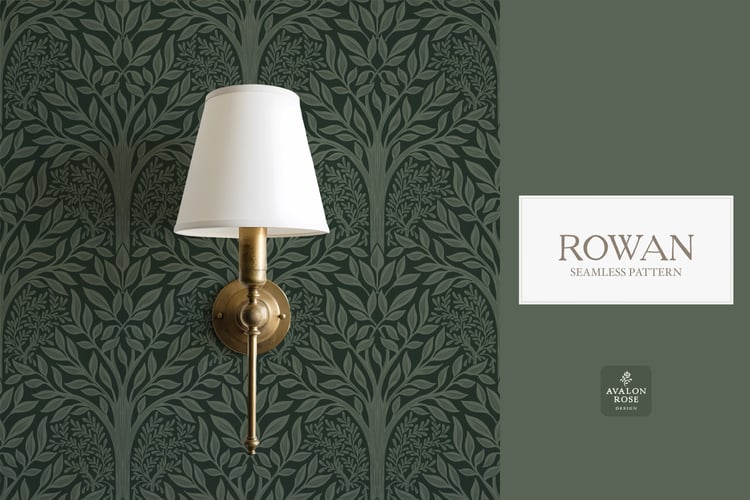Hand drawn seamless pattern featuring woodland trees and leaves on wallpaper behind a wall sconce