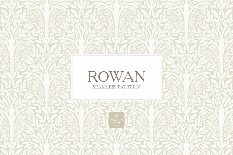 Hand drawn seamless pattern featuring woodland trees and leaves in cream and white