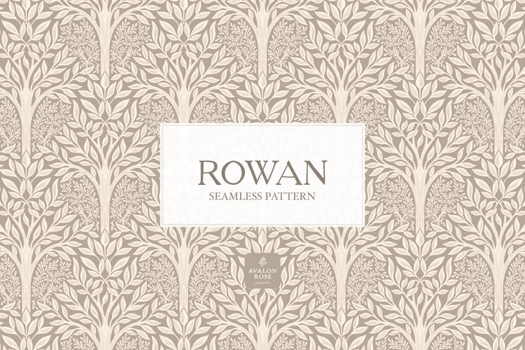 Hand drawn seamless pattern featuring woodland trees and leaves in beige