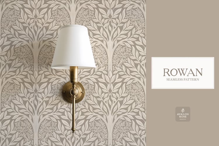 Hand drawn seamless pattern featuring woodland trees and leaves in beige on wallpaper behind a wall sconce