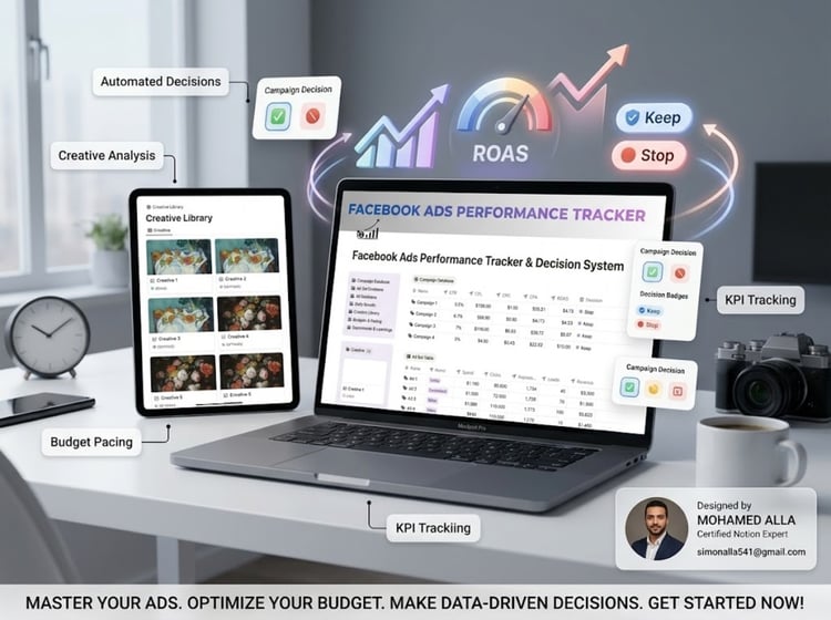 Preview of the Facebook Ads Tracker Notion workspace on a laptop screen featuring campaign databases, ROAS tracking, and budget pacing tools.