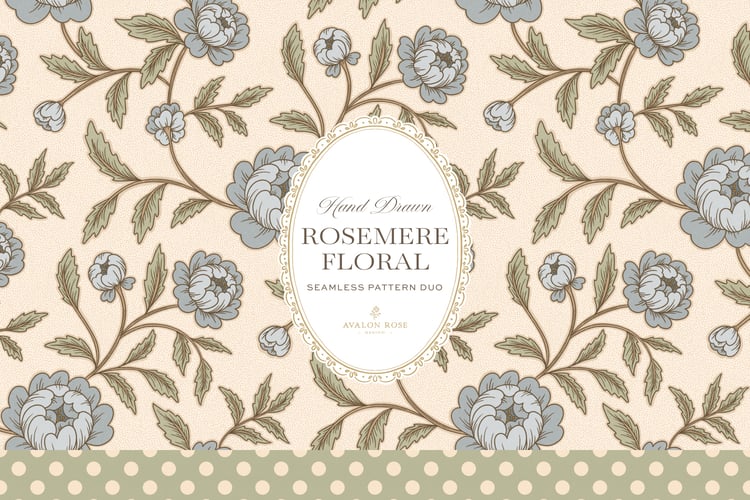 seamless surface pattern featuring hand drawn stylized floral climbing roses with a matching polka dot in blue, green and cream