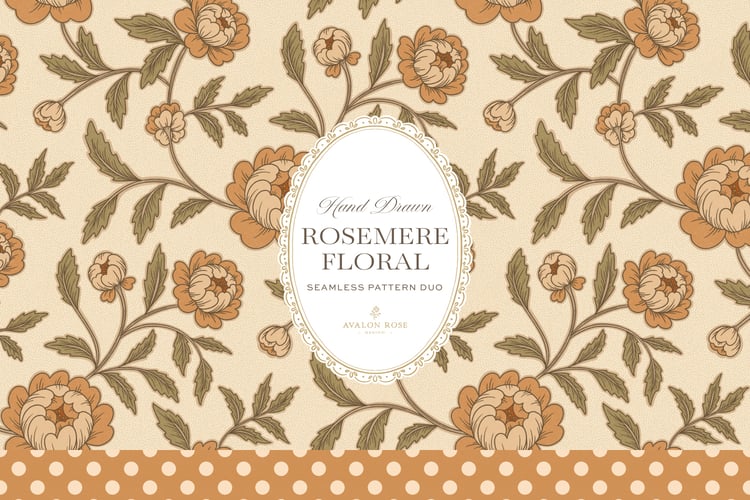 Vintage-inspired seamless surface pattern featuring hand drawn stylized floral climbing roses with a matching polka dot in orange and green